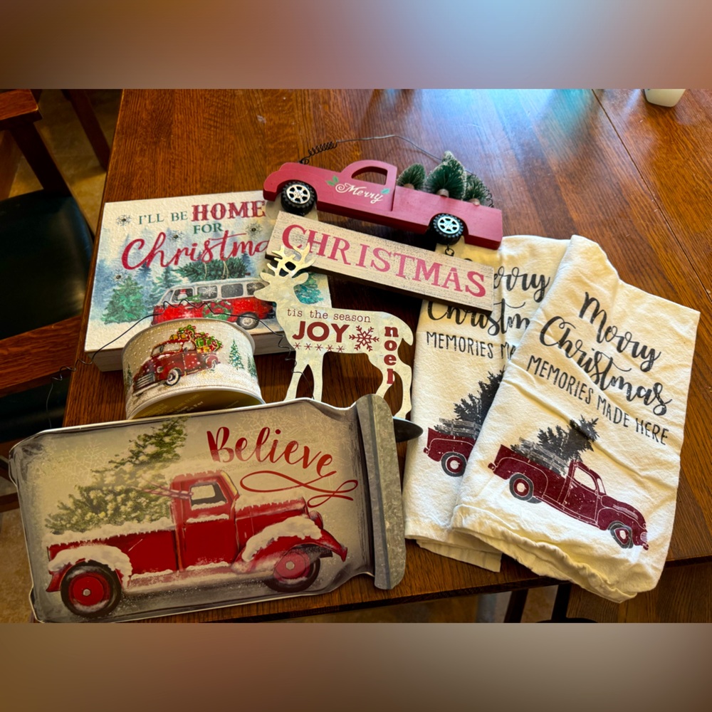 Vintage Red Truck Christmas Decor Lot